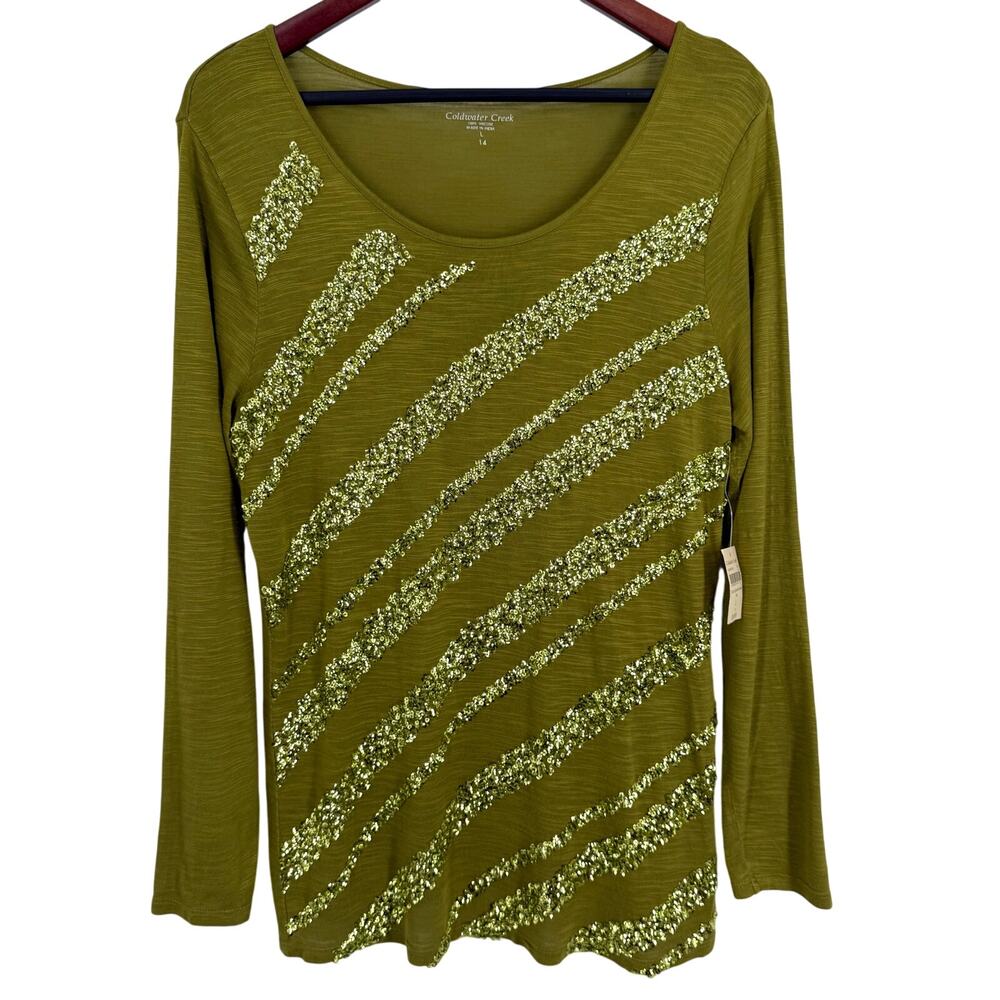 NEW NWT Coldwater Creek Large 14 Green Long Sleeve Sequin Blouse Shirt Top